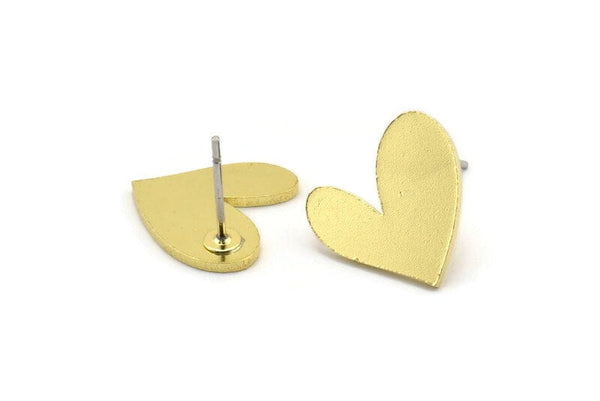 Brass Heart Earring, 8 Raw Brass Heart Shaped Stud Earrings (14x13x1mm) A3702