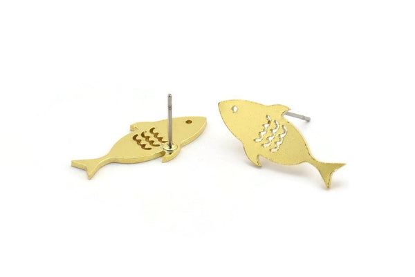 Brass Fish Earring, 8 Raw Brass Fish Shaped Stud Earrings (11x24x1mm) A3694