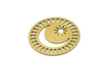 Brass Round Charm, 6 Raw Brass Crescent Moon And Sun Patterned Round Shape Charms (26x0.60mm) A3713