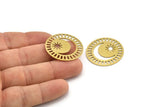 Brass Round Charm, 4 Raw Brass Crescent Moon And Sun Patterned Round Shape Charms (30x0.60mm) A3714