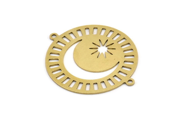 Brass Moon Charm, 4 Raw Brass Crescent Moon Connectors With 2 Loops, Moon And Star Charms (35x30x0.60mm) A3704