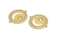 Brass Moon Charm, 4 Raw Brass Crescent Moon Connectors With 2 Loops, Moon And Star Charms (35x30x0.60mm) A3704
