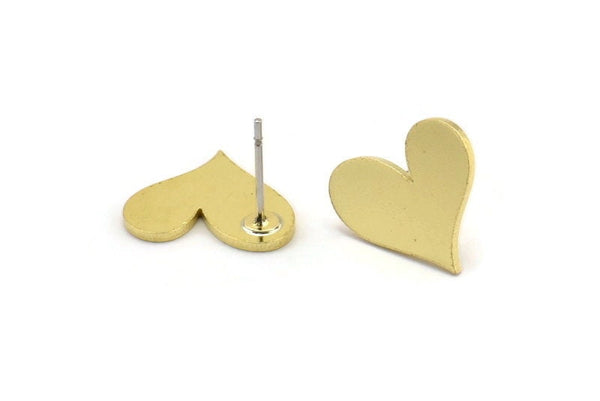 Brass Heart Earring, 8 Raw Brass Heart Shaped Stud Earrings (14x13x1mm) A3736
