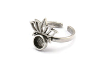 Silver Flower Ring, 2 Antique Silver Plated Brass Lotus Flower Rings - Pad Size 6mm N2102 H1415
