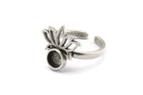 Silver Flower Ring, 2 Antique Silver Plated Brass Lotus Flower Rings - Pad Size 6mm N2102 H1415