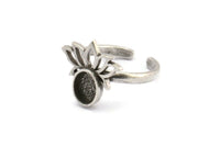 Gümüş Çiçek Yüzük, 2 Antik Gümüş Kaplama Pirinç Lotus Çiçeği Yüzük - Ped Boyutu 8x6mm N2103 H1416