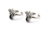 Silver Flower Ring, 2 Antique Silver Plated Brass Lotus Flower Rings - Pad Size 8x6mm N2104 H1417