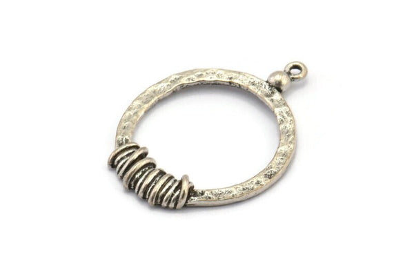 Silver Hoop Finding, 2 Hammered Antique Silver Plated Brass Hoop Pendant With 1 Loop, Charms, Earring Findings (33x25x2.5x1.5mm) BS 1929