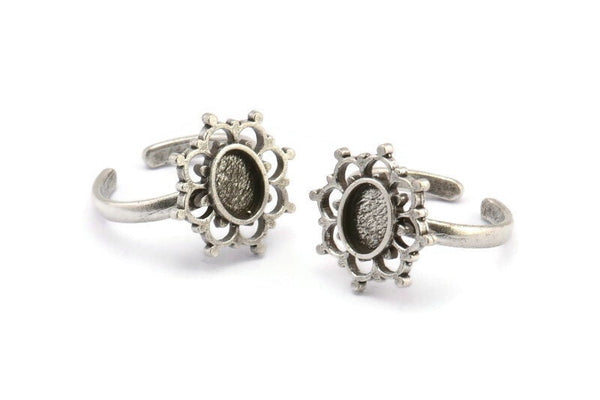 Silver Ring Settings, 2 Antique Silver Plated Brass Flower Rings With 1 Oval Shaped Stone Setting - Pad Size 8x6mm N2100