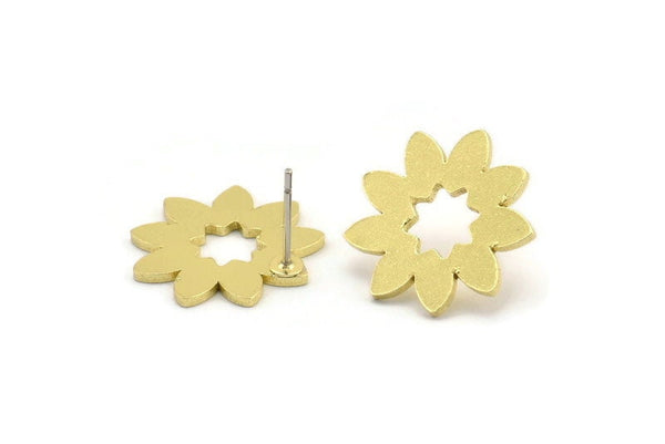 Brass Flower Earring, 6 Raw Brass Flower Shaped Stud Earrings (17x18x1mm) A3735