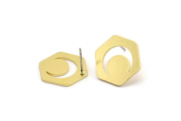 Pirinç Altıgen Küpe, 6 Ham Pirinç Hilal Desenli Altıgen Şekilli Küpe (18x16x1mm) A3756