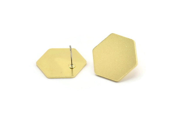 Brass Hexagon Earring, 4 Raw Brass Hexagon Shaped Stud Earrings (19x21x1mm) A3754