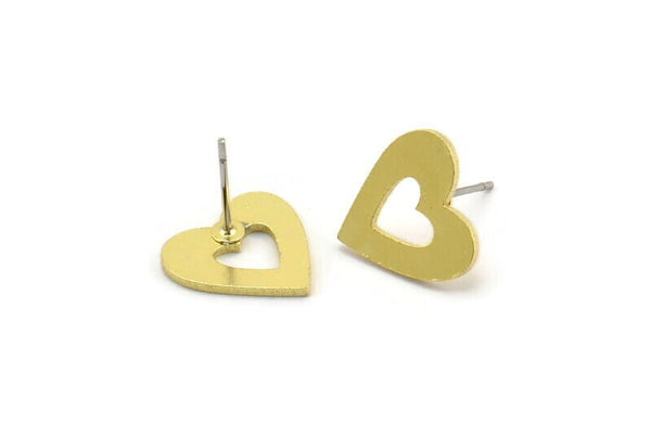 Brass Heart Earring, 8 Raw Brass Heart Stud Earrings (14x13x1mm) A3727