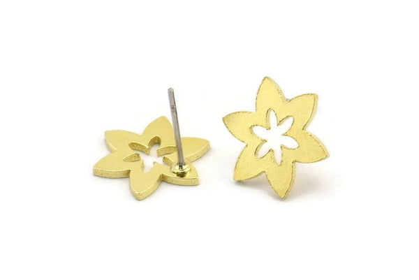 Brass Flower Earring, 10 Raw Brass Flower Shaped Stud Earrings (14x12x1mm) A3719