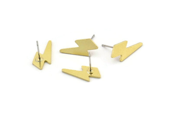 Brass Earring, 8 Raw Brass Lightning Bolt Stud Earrings (17x8x1mm) A3732