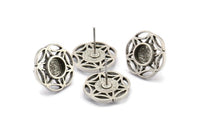 Gümüş Çiçek Küpe, 1 Yuvarlak Taşlı 4 Antik Gümüş Kaplama Pirinç Çiçek Küpe - 6 mm Ped Boyutu N2091 H1435