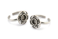 Silver Ring Settings, 2 Antique Silver Plated Brass Flower Rings With 1 Round Shaped Stone Setting - Pad Size 6mm N2097 H1441