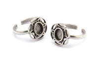 Silver Ring Settings, 2 Antique Silver Plated Brass Flower Rings With 1 Oval Shaped Stone Setting - Pad Size 8x6mm N2098 H1440
