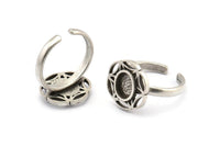 Silver Ring Settings, 2 Antique Silver Plated Brass Flower Rings With 1 Oval Shaped Stone Setting - Pad Size 8x6mm N2098 H1440