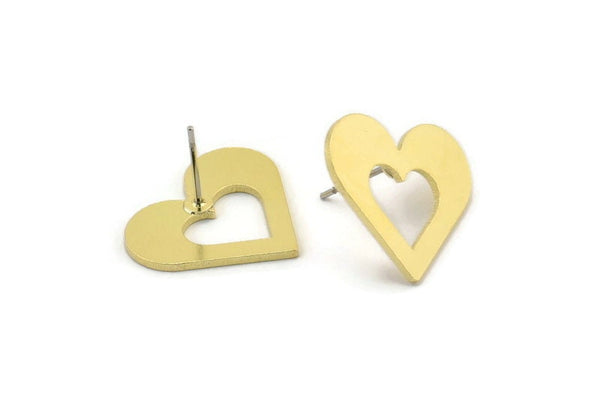 Brass Heart Earring, 6 Raw Brass Heart Shaped Stud Earrings (18x20x1mm) A3792