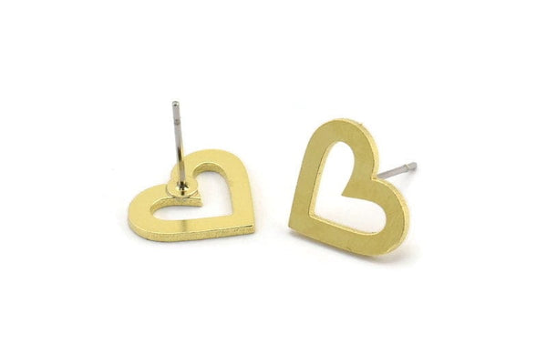 Brass Heart Earring, 8 Raw Brass Heart Shaped Stud Earrings (14x12x1mm) A3800