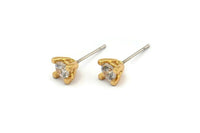 Gold Stud Earring, 4 Gold Plated Brass 4 Claw Stud Earrings, CZ Pave Earrings, Round Zircon Stud Earrings (5mm) SY0352