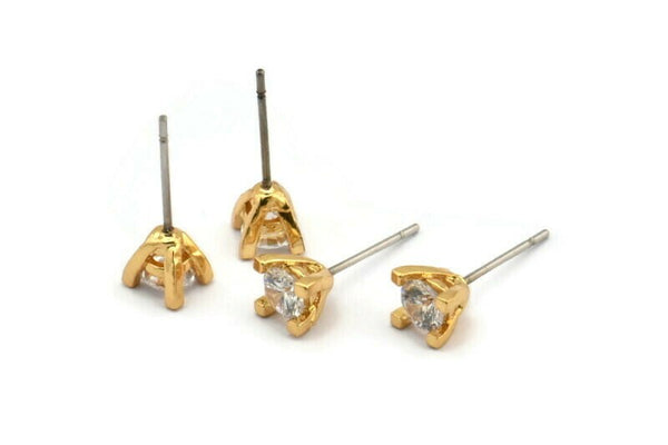 Gold Stud Earring, 4 Gold Plated Brass 4 Claw Stud Earrings, CZ Pave Earrings, Round Zircon Stud Earrings (5mm) SY0352
