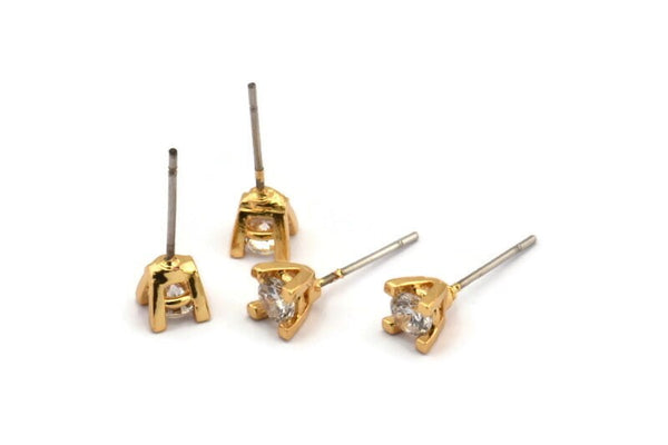 Gold Stud Earring, 4 Gold Plated Brass 4 Claw Stud Earrings, CZ Pave Earrings, Round Zircon Stud Earrings (5mm) SY0350