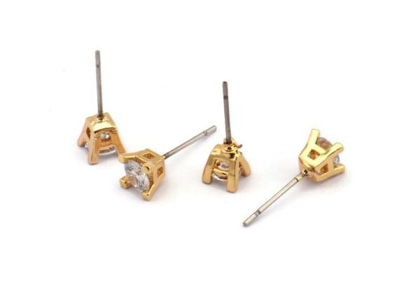 Gold Stud Earring, 4 Gold Plated Brass 4 Claw Stud Earrings, CZ Pave Earrings, Round Zircon Stud Earrings (5mm) SY0161