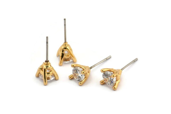 Gold Stud Earring, 4 Gold Plated Brass 4 Claw Stud Earrings, CZ Pave Earrings, Round Zircon Stud Earrings (6mm) SY0149