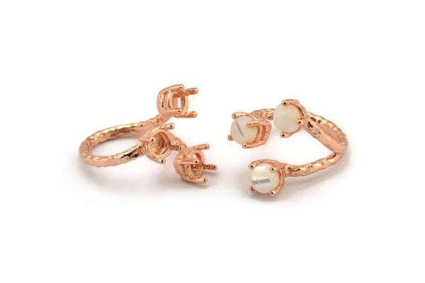 Adjustable Ring Settings - 2 Rose Gold Lacquer Plated Brass 4 Claw Ring Blank with 3 Prong Settings - Pad Size 6mm N0325