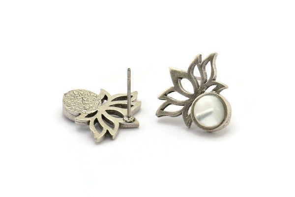 Gümüş Çiçek Küpe, 4 Antik Gümüş Kaplama Pirinç Lotus Çiçeği Küpe, 1 Yuvarlak Şekilli Taş - 6 mm Ped Boyutu N2085 H1423
