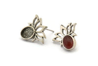 Gümüş Çiçek Küpe, 4 Antik Gümüş Kaplama Pirinç Lotus Çiçeği Küpe, 1 Oval Şekilli Taş - 8x6mm Ped Boyutu N2086 H1425
