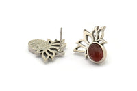 Gümüş Çiçek Küpe, 4 Antik Gümüş Kaplama Pirinç Lotus Çiçeği Küpe, 1 Oval Şekilli Taş - 8x6mm Ped Boyutu N2086 H1425