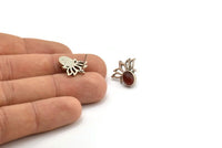 Gümüş Çiçek Küpe, 4 Antik Gümüş Kaplama Pirinç Lotus Çiçeği Küpe, 1 Oval Şekilli Taş - 8x6mm Ped Boyutu N2086 H1425