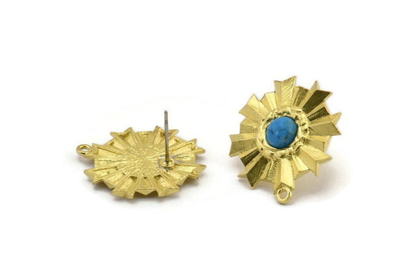 Brass Sun Earring, 2 Raw Brass Sunshine Stud Earrings with 6mm Stone pad, with 1 Loop (26x24mm) N0844