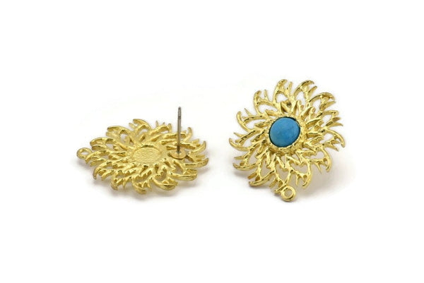 Brass Sun Earring, 2 Raw Brass Sunshine Stud Earrings with 6mm Stone pad, with 1 Loop (27x25mm) N0847