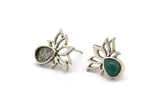 Gümüş Çiçek Küpe, 4 Antik Gümüş Kaplama Pirinç Lotus Çiçeği Küpe, 1 Damla Taşlı - Ped Boyutu 8x6mm N2084 H1424