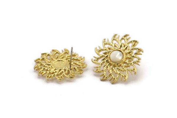 Brass Sun Earring, 2 Raw Brass Sunshine Stud Earrings with 6mm Stone pad (25mm) N0854