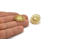 Brass Sun Earring, 2 Raw Brass Sunshine Stud Earrings with 6mm Stone pad (25mm) N0854