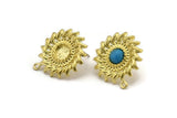 Brass Sun Earring, 2 Raw Brass Sunshine Stud Earrings with 6mm Stone pad, with 1 Loop (25x22mm) N0856