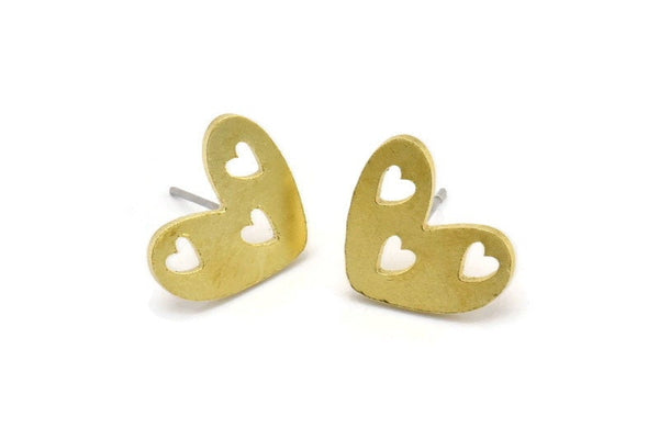 Brass Heart Earring, 6 Raw Brass Heart Shaped Stud Earrings (13x16x1mm) A3796