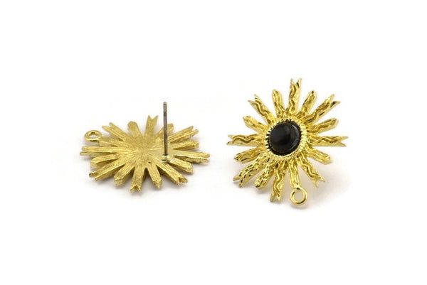 Brass Sun Earring, 4 Raw Brass Sunshine Stud Earrings with 6mm Stone pad, with 1 Loop (25mm) N0846