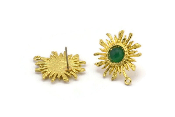 Brass Sun Earring, 4 Raw Brass Sunshine Stud Earrings with 6mm Stone pad, with 1 Loop (25x21mm) N0843
