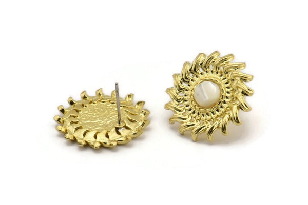 Brass Sun Earring, 4 Raw Brass Sunshine Stud Earrings with 6mm Stone pad (22mm) N0865