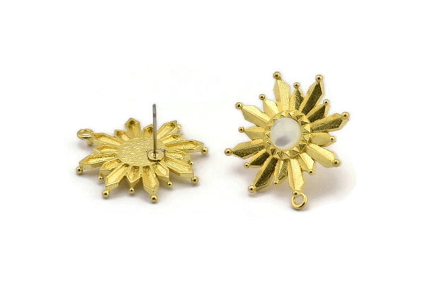 Brass Sun Earring, 2 Raw Brass Sunshine Stud Earrings with 6mm Stone pad, with 1 Loop (27x25mm) N0845