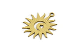 Brass Sun Charm, 12 Raw Brass Crescent Moon And Star Patterned Sun Shape Charms With 1 Loop, Charm Pendants (20x18x0.60mm) A3167
