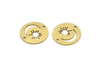 Brass Round Connector, 10 Raw Brass Crescent Moon And Sun Patterned Round Shaped Connectors With 2 Holes, Charm Pendants (18x0.60mm) A3117