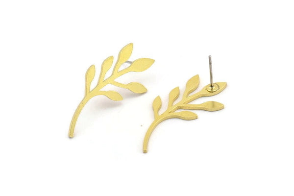 Brass Leaf Earring, 6 Raw Brass Leaf Stud Earrings, Findings (31x13x1mm) A3815