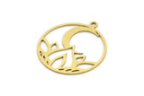 Brass Round Charm, 12 Raw Brass Lotus Flower And Crescent Moon Patterned Round Shaped Charms With 1 Loop, Findings (27x24x0.60mm) A3300